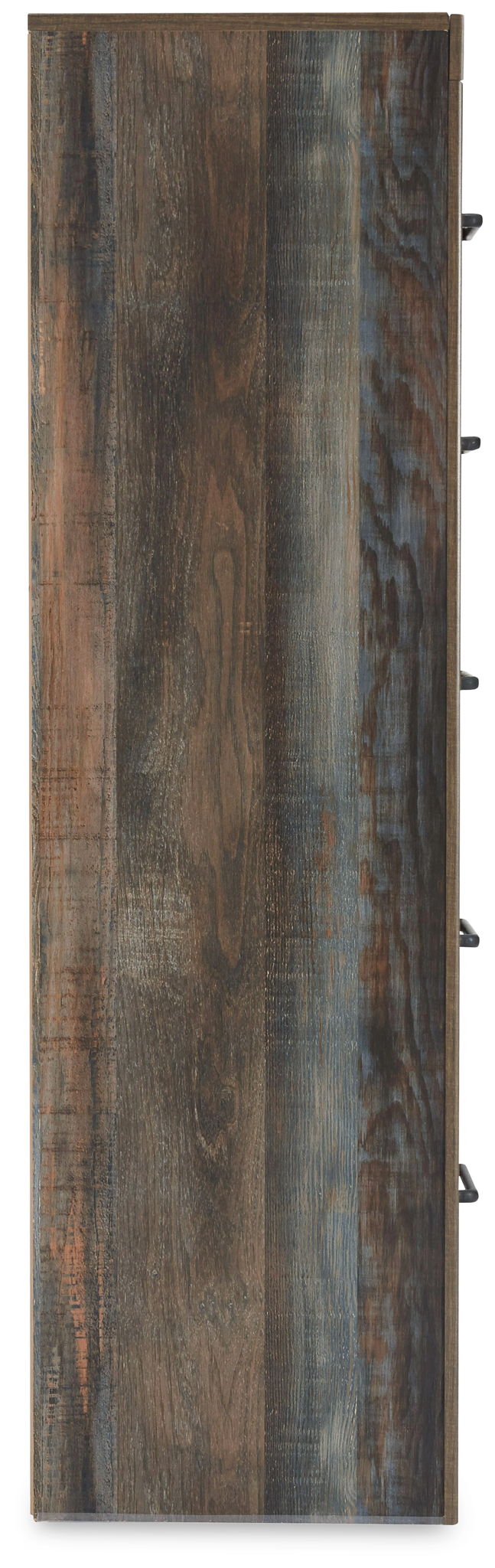 Five-drawer chest side panel in distressed brown wood with black bar handles