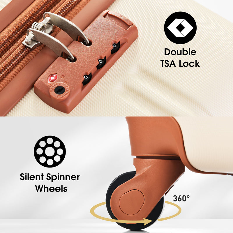 Orange hardshell suitcase with TSA lock and silent spinner wheels detail