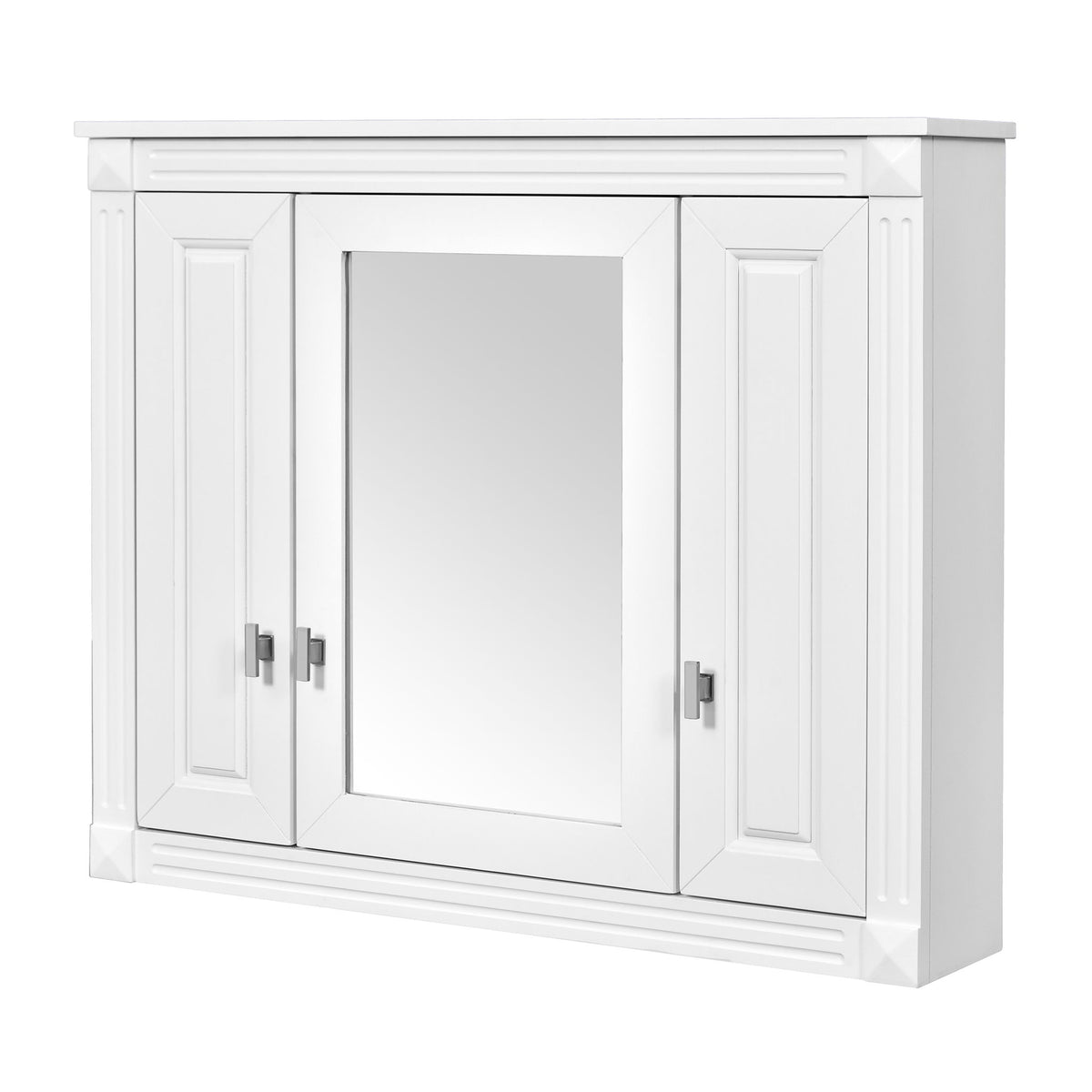 Wall-mounted bathroom mirror cabinet, white with rectangular mirror and paneled doors