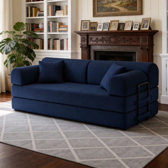Blue convertible sleeper sofa bed with three back cushions and blocky armrests