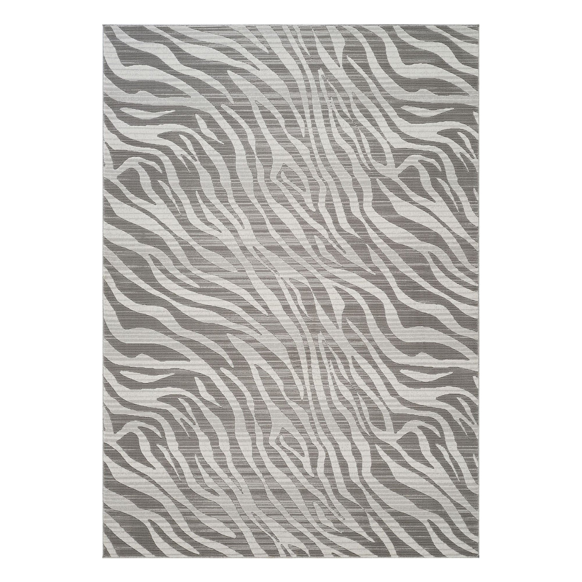 Ivory and gray geometric area rug with wavy zebra pattern, 3D effect