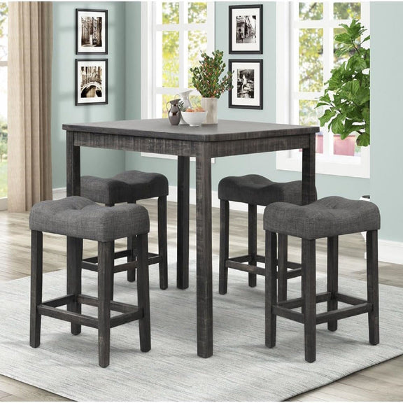 Set of 2 counter height dining stools, dark gray upholstered seats with footrest and wood legs