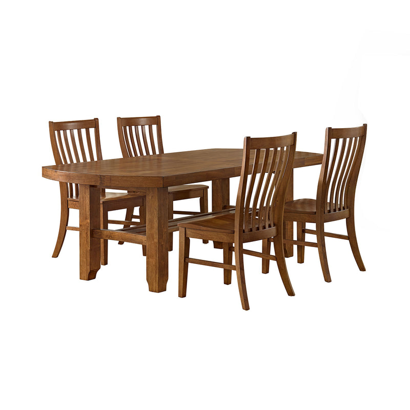 Light brown dining table with four slat-back chairs
