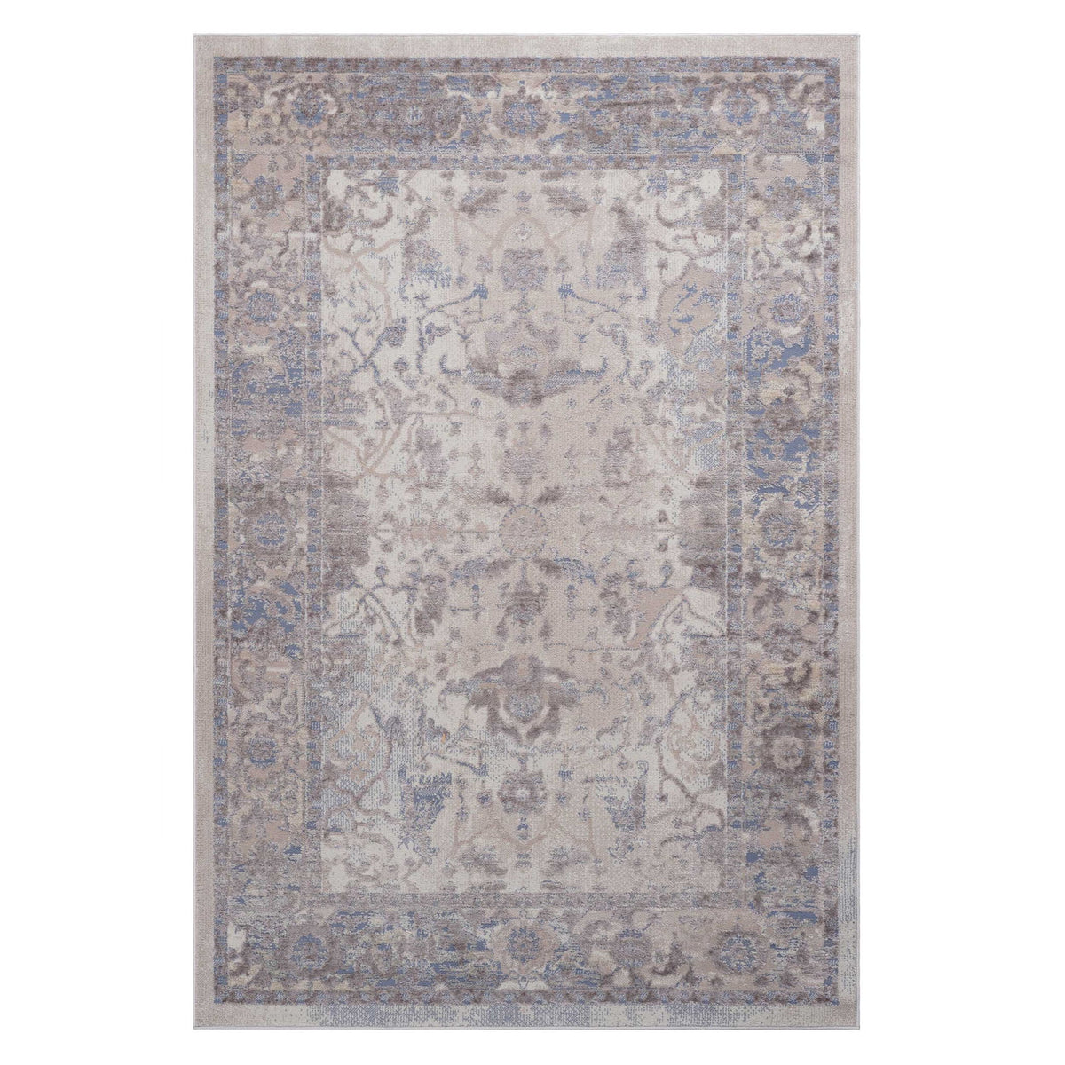 Rectangular area rug, light blue and gray distressed pattern with beige border, 6x9.