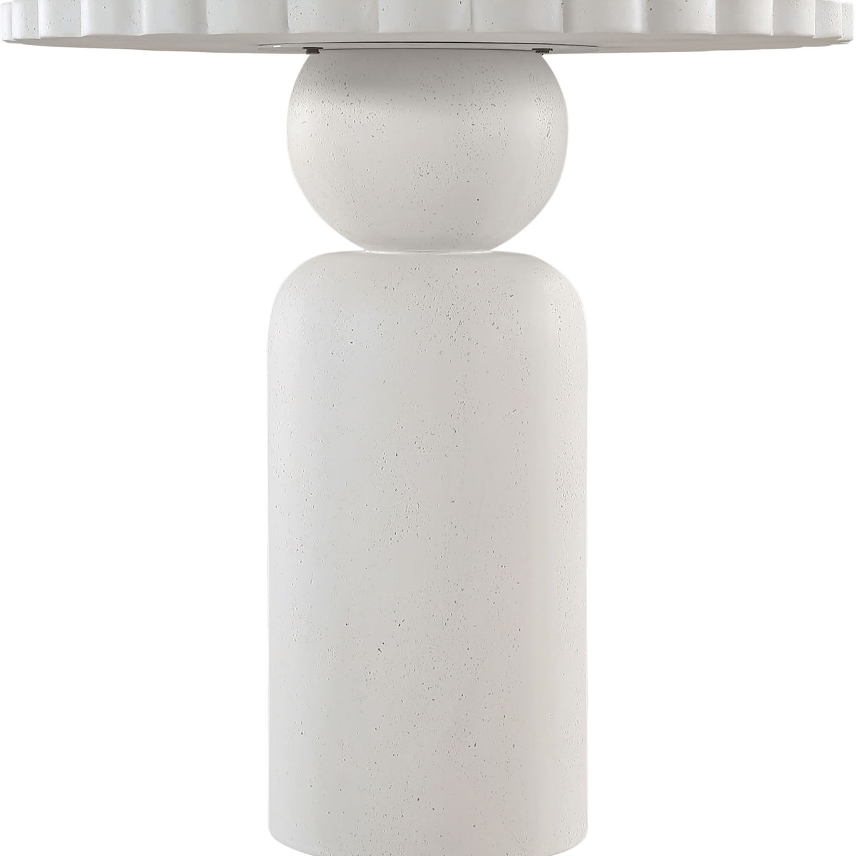 Indoor/outdoor table with white speckled double-cylinder pedestal base