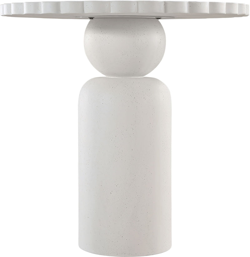 Indoor/outdoor table with white speckled double-cylinder pedestal base