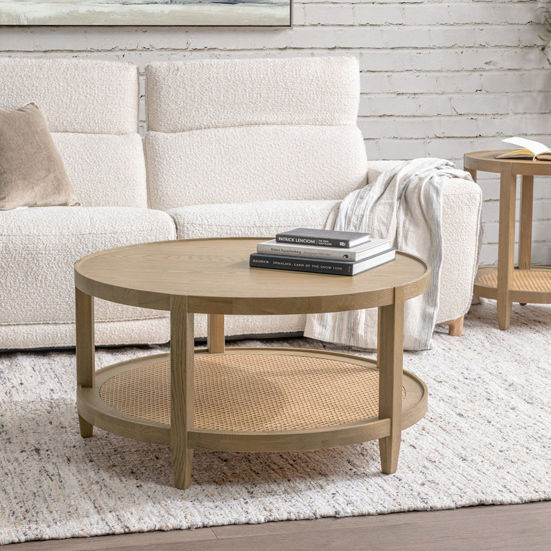 Round solid wood table with khaki mist finish and woven lower shelf