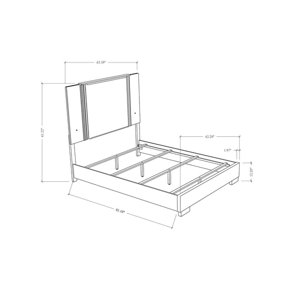 White bed frame base with slat platform and headboard, shown with measurements