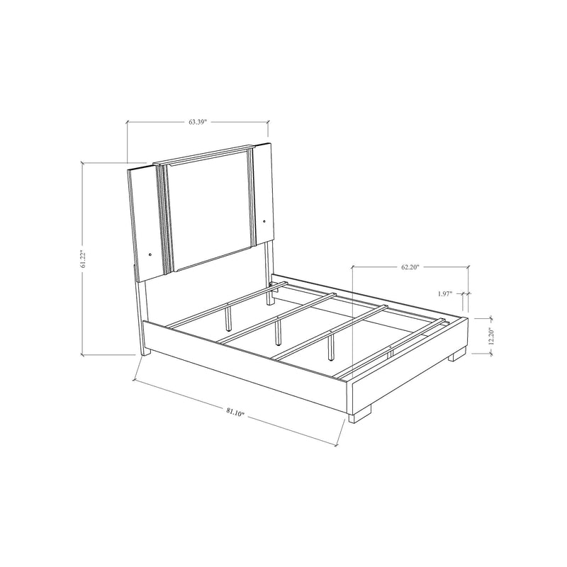 White bed frame base with slat platform and headboard, shown with measurements