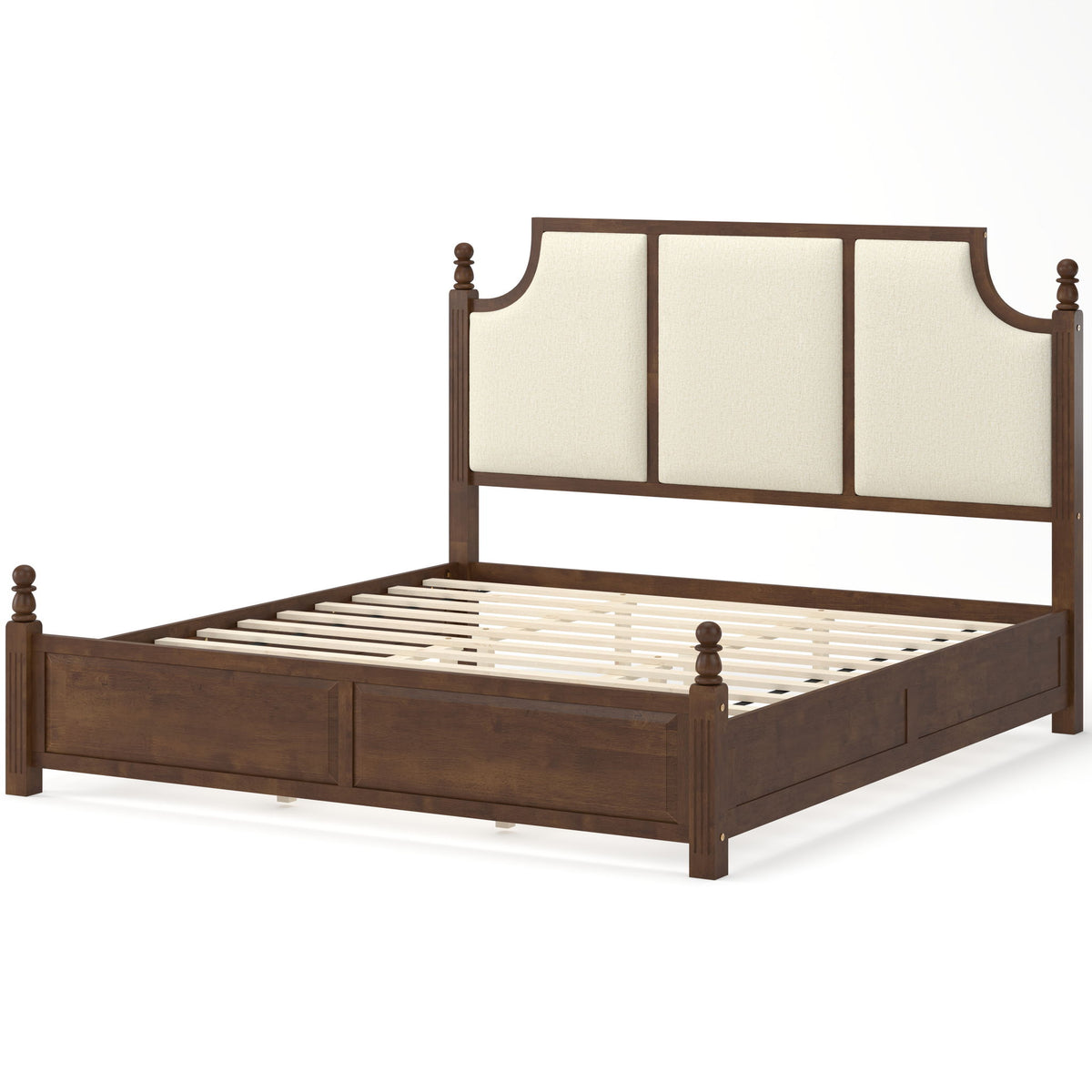 Brown platform bed frame with tall upholstered headboard and two storage drawers