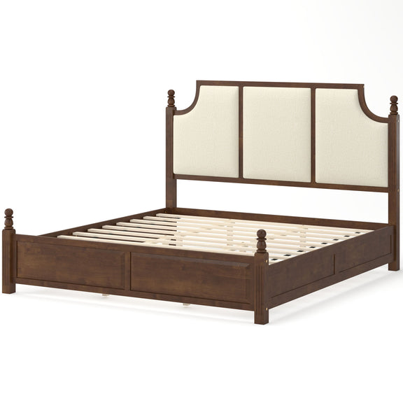 Brown platform bed frame with tall upholstered headboard and two storage drawers