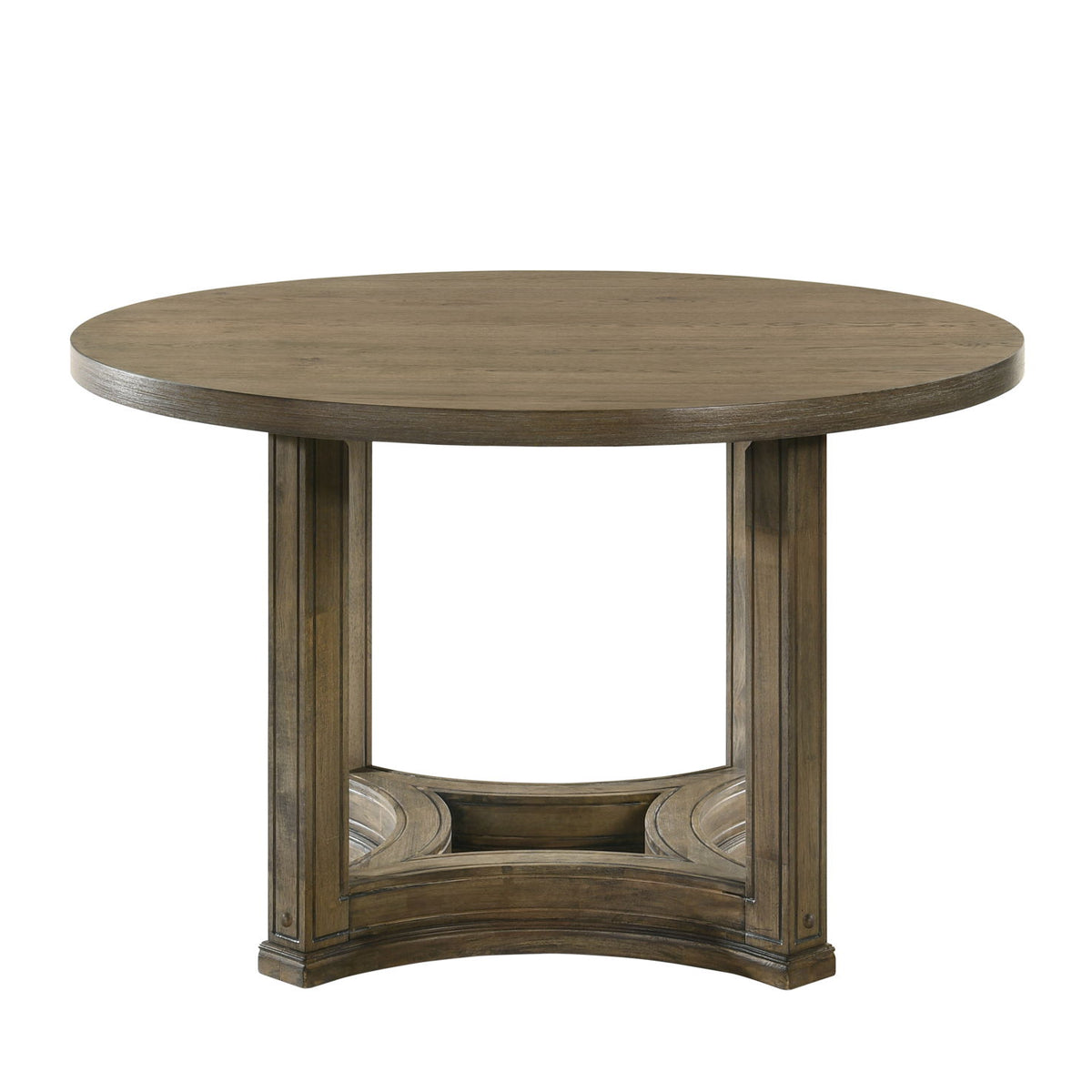 Weathered oak round dining table with boxy pedestal legs