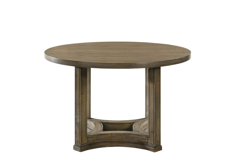 Weathered oak round dining table with boxy pedestal legs