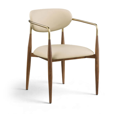 Beige upholstered dining arm chair with curved gold frame and walnut legs