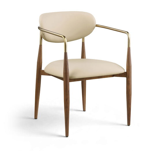 Beige upholstered dining arm chair with curved gold frame and walnut legs