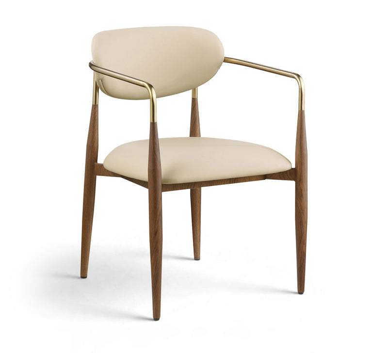 Beige upholstered dining arm chair with curved gold frame and walnut legs