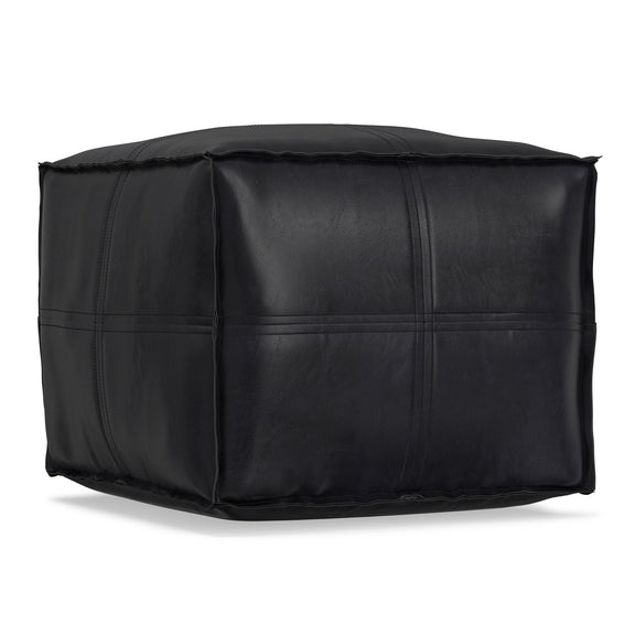 Black square upholstered pouf with stitched panel seams and padded top.