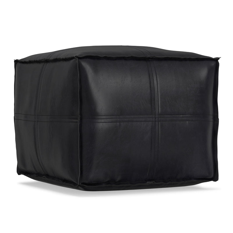 Black square upholstered pouf with stitched panel seams and padded top.