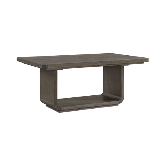 Rectangular dining table with leaf, dark gray wood, pedestal base and lower shelf