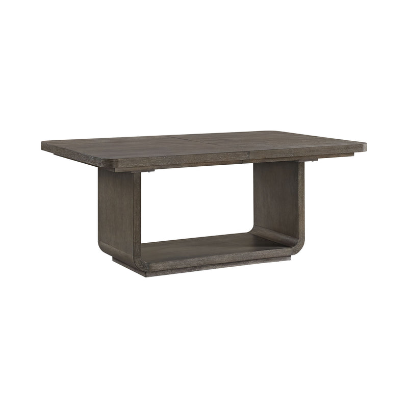 Rectangular dining table with leaf, dark gray wood, pedestal base and lower shelf