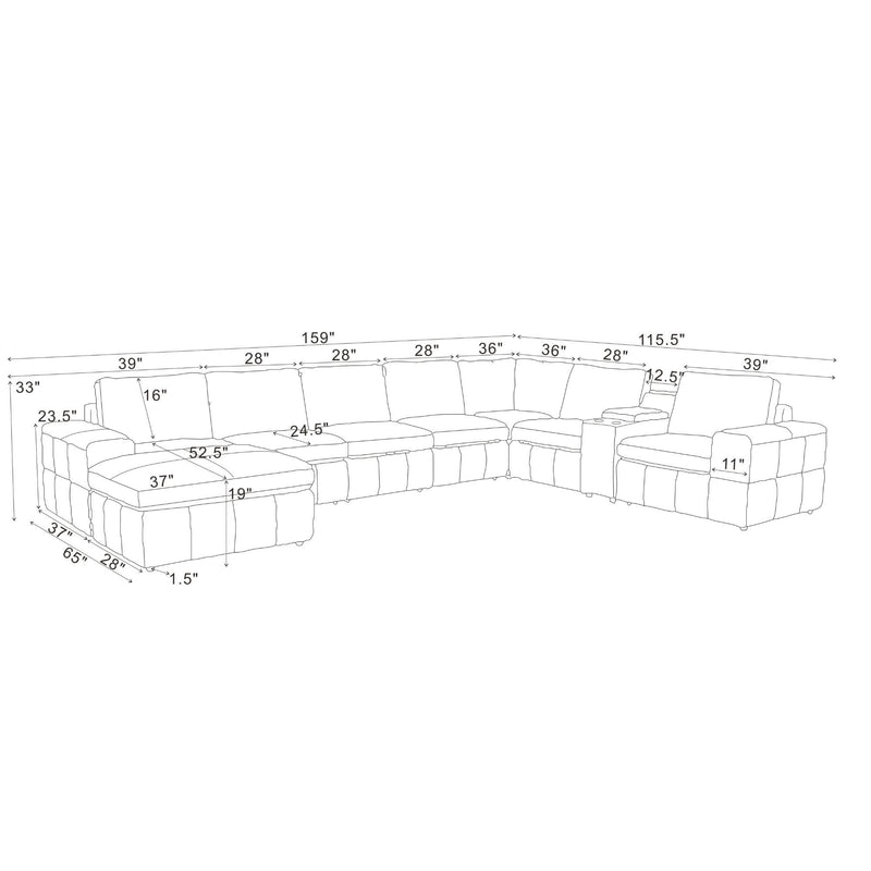 Modular sectional sofa layout diagram with large square arms and dimension callouts