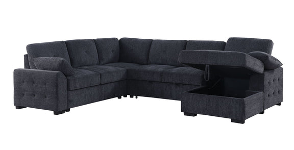 Dark gray upholstered corner sectional with chaise and built-in storage ottoman