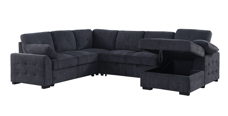 Dark gray upholstered corner sectional with chaise and built-in storage ottoman