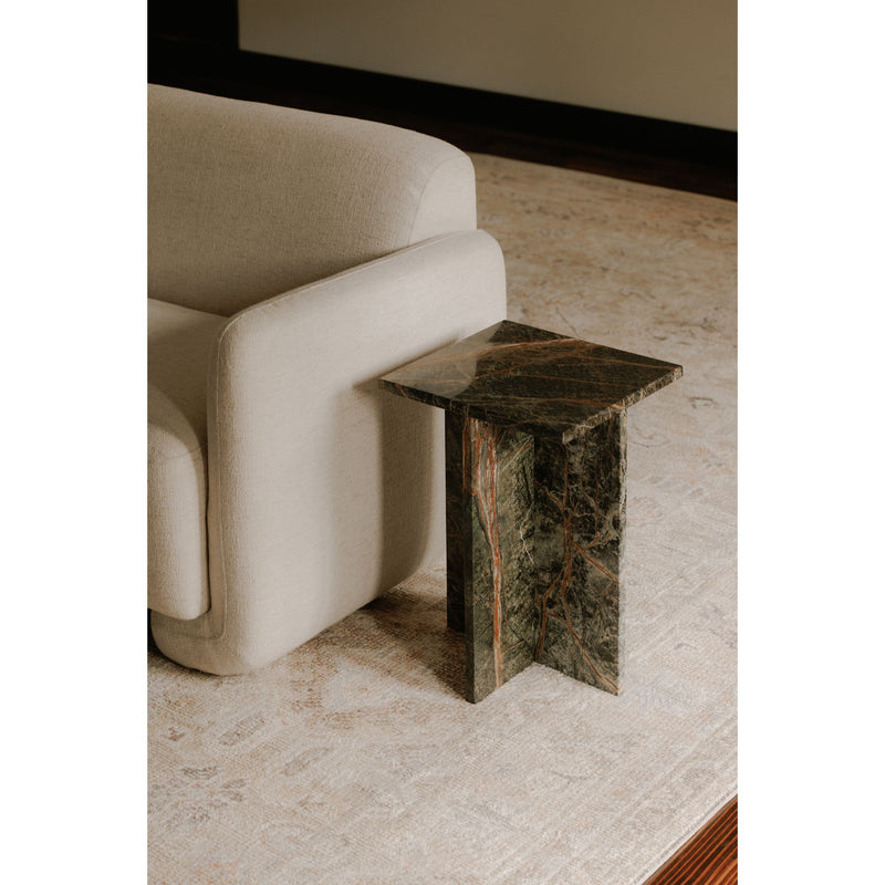 Square green marble-look side table with dark veined stone finish