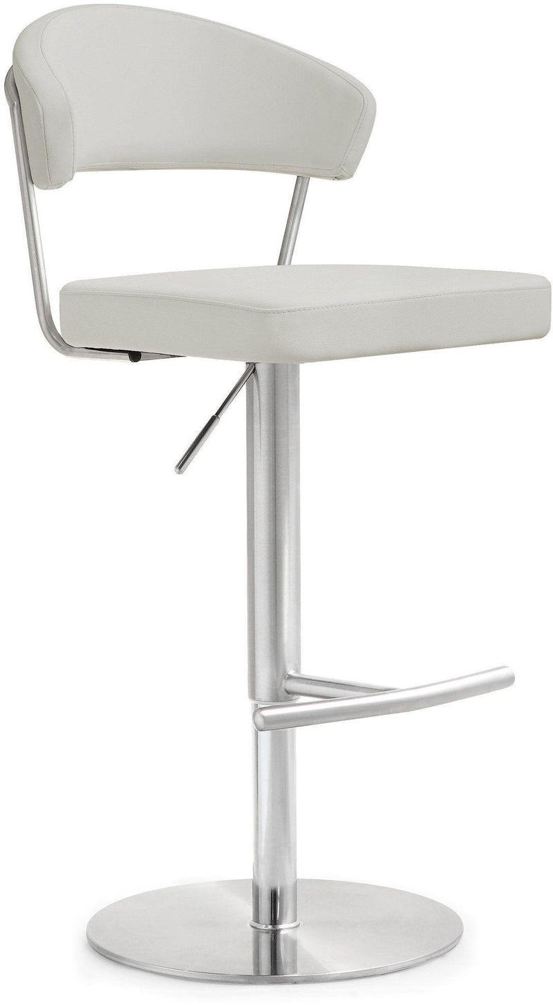 White barstool with curved padded back and seat, chrome pedestal base, and footrest bar.