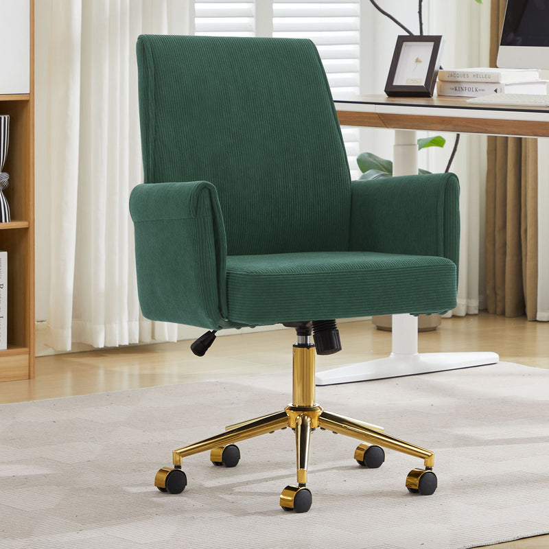 Mid-back office chair with armrests, dark green fabric upholstery, and gold base with casters
