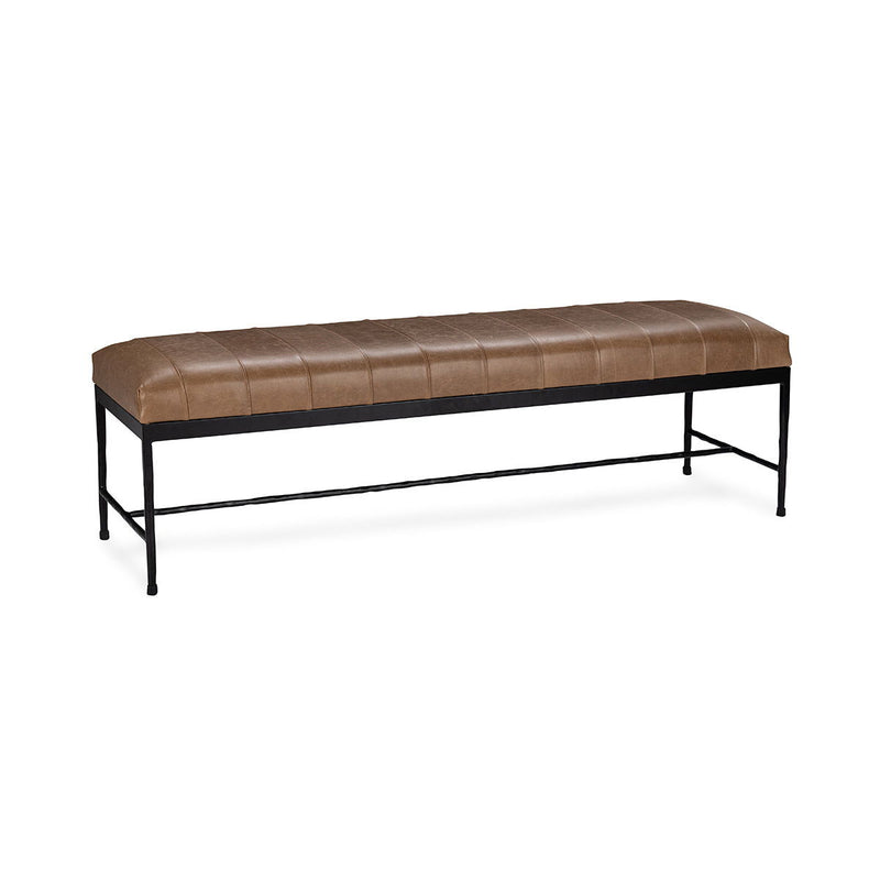 Rectangular leather bench with brown padded seat and black metal base frame