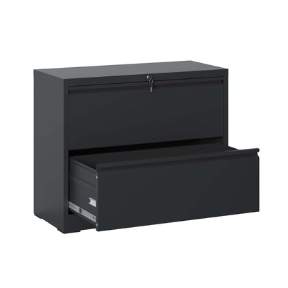 Black metal lateral file cabinet with lock, front pull-out drawer open and visible hardware