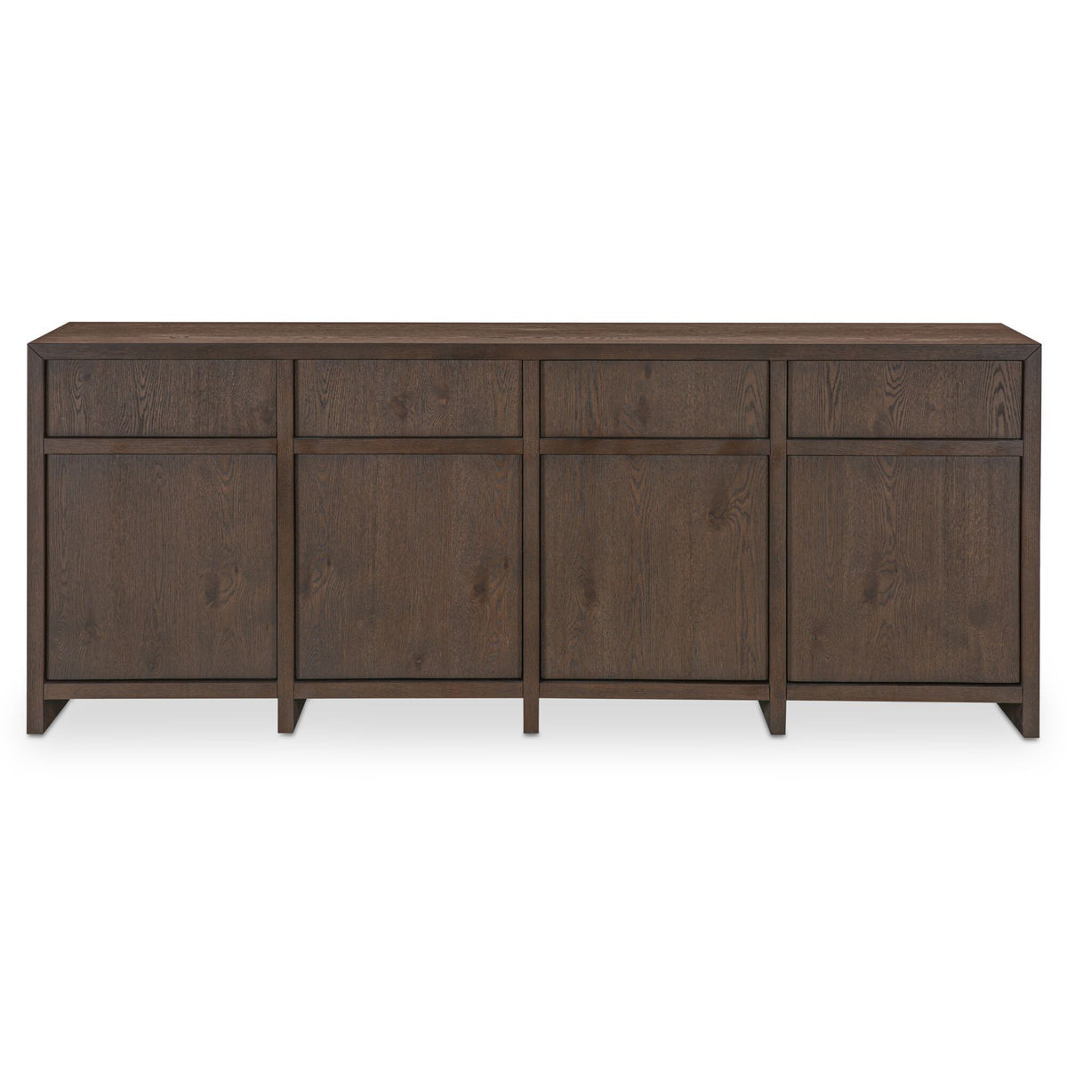 Brown sideboard with cabinet doors and drawer fronts along the front panel
