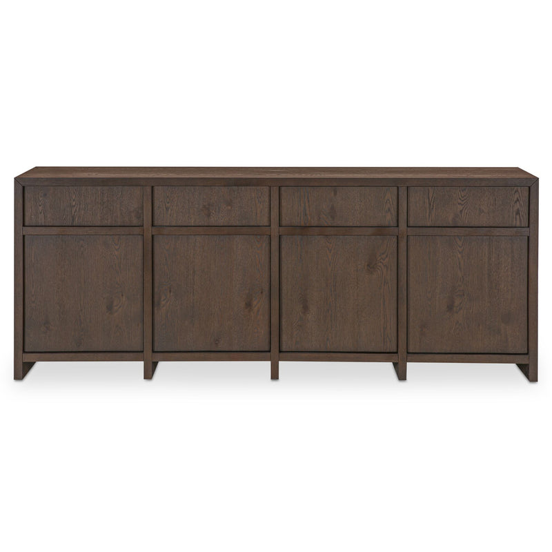 Brown sideboard with cabinet doors and drawer fronts along the front panel