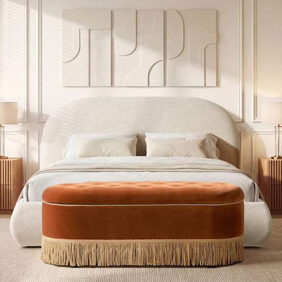 Beige upholstered platform bed with orange upholstered storage base
