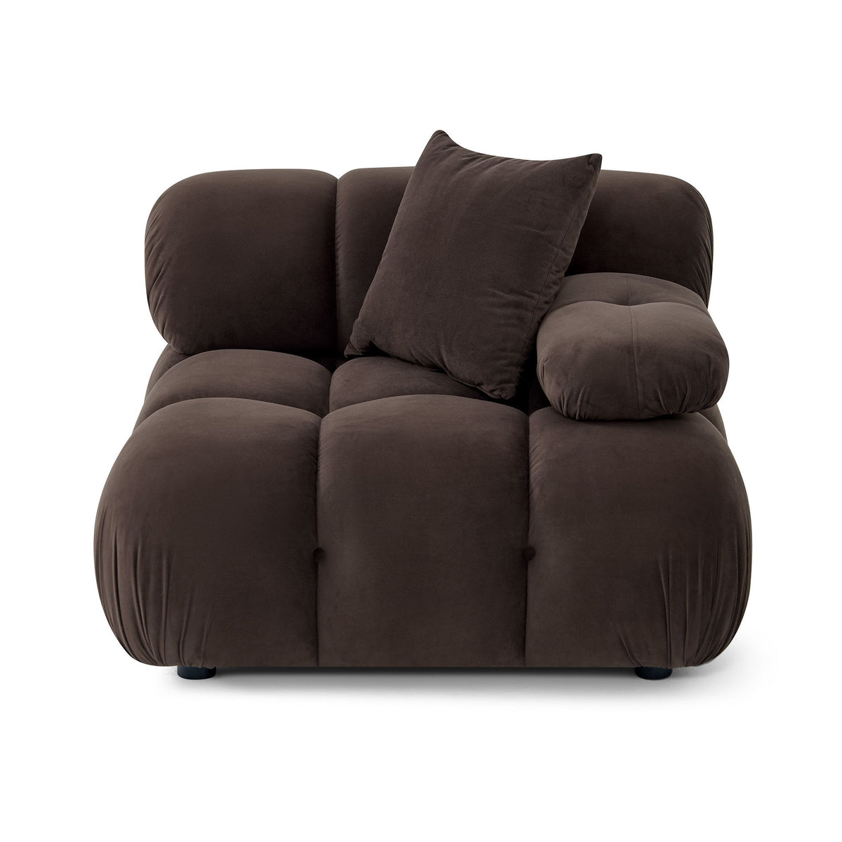 Dark brown modular corner chair with high back and two square throw pillows.
