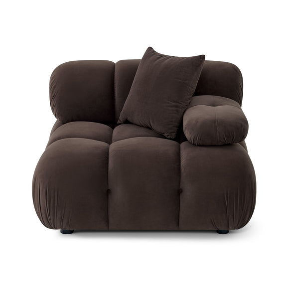 Dark brown modular corner chair with high back and two square throw pillows.