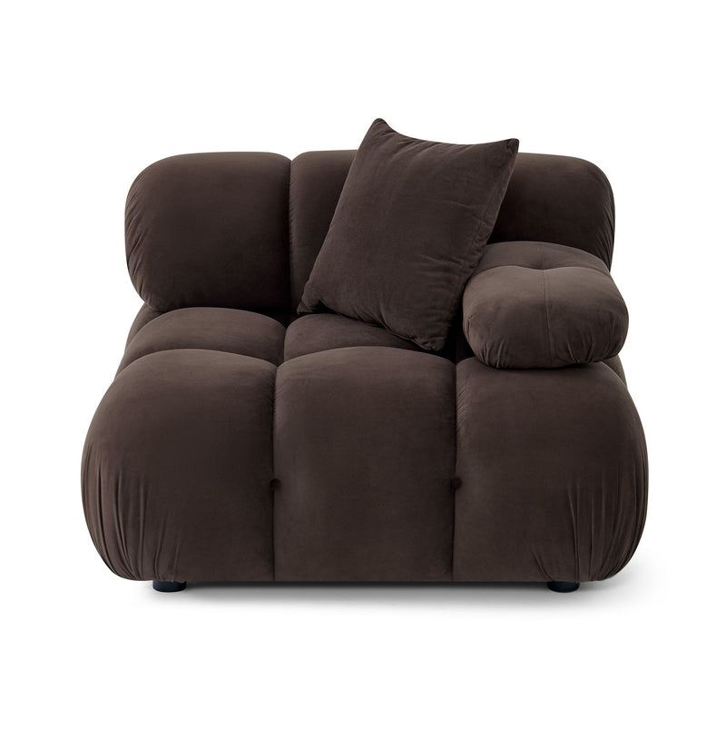 Dark brown modular corner chair with high back and two square throw pillows.