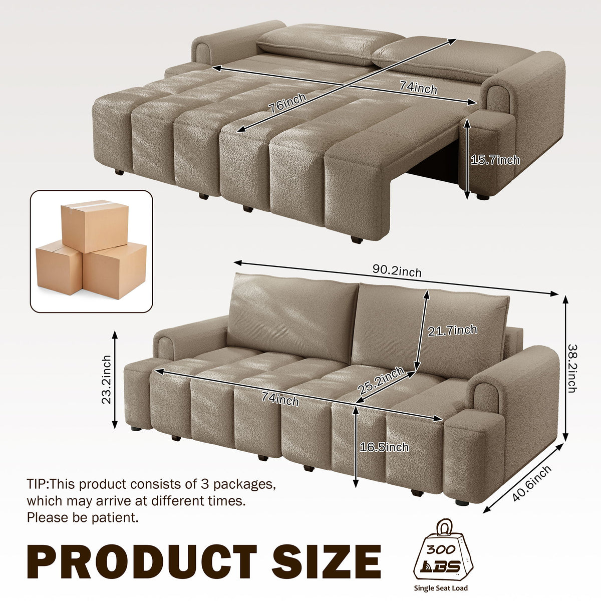 Couch size diagram for 4-seat sofa with storage seats, measured sections