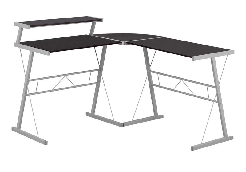 Corner L-shape computer desk, dark brown top and gray metal frame, dual work surfaces