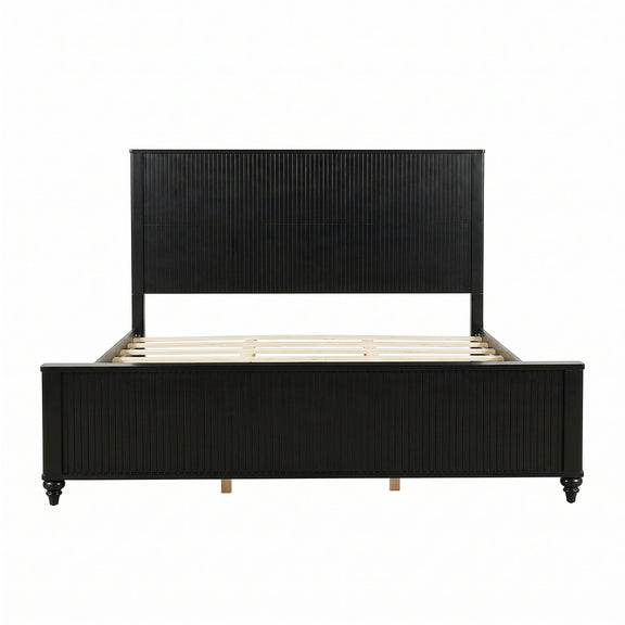 Black fluted platform bed frame with headboard and footboard, no box spring