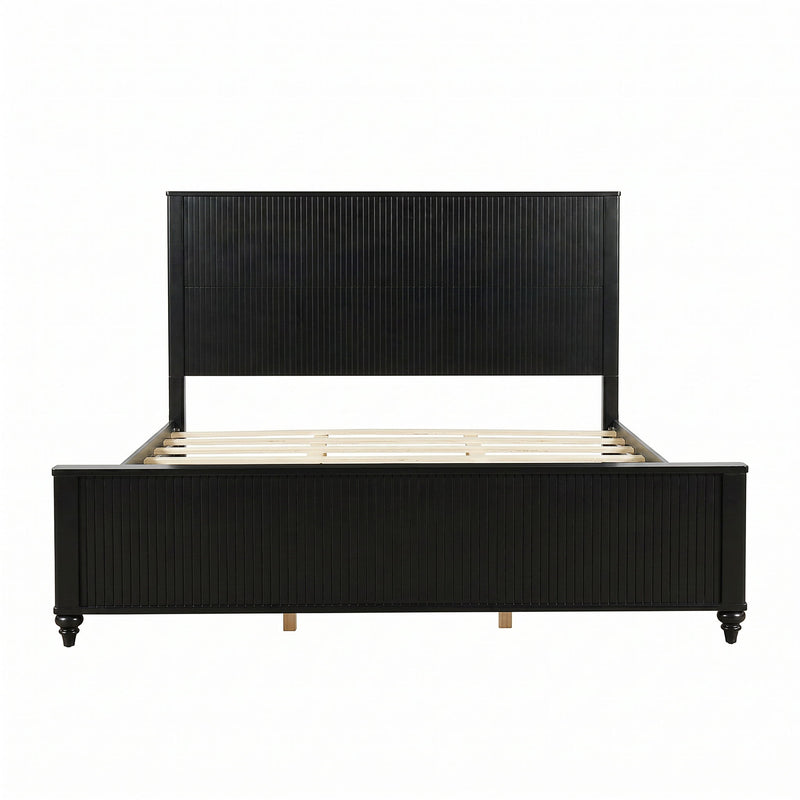 Black fluted platform bed frame with headboard and footboard, no box spring