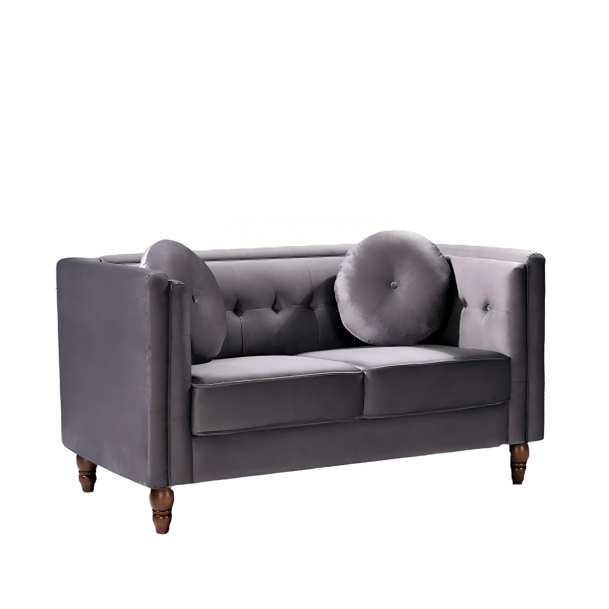 Dark gray 2-seater velvet loveseat with tufted back and round accent pillows