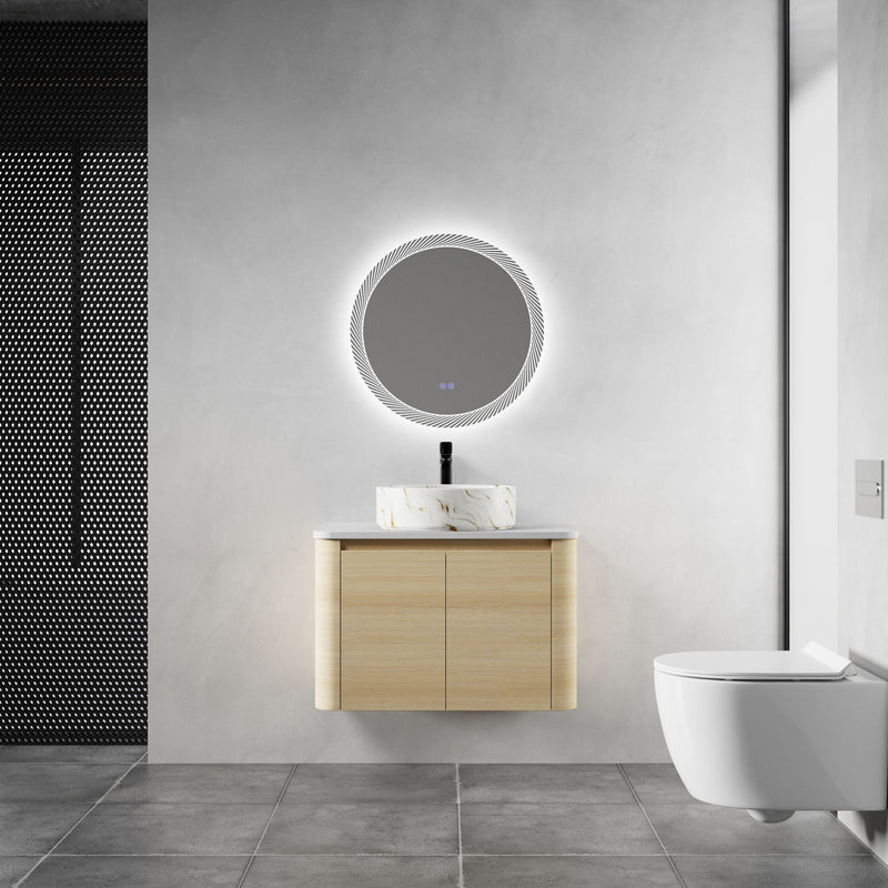 Mounted bathroom vanity in light wood with white marble-pattern vessel sink, front view