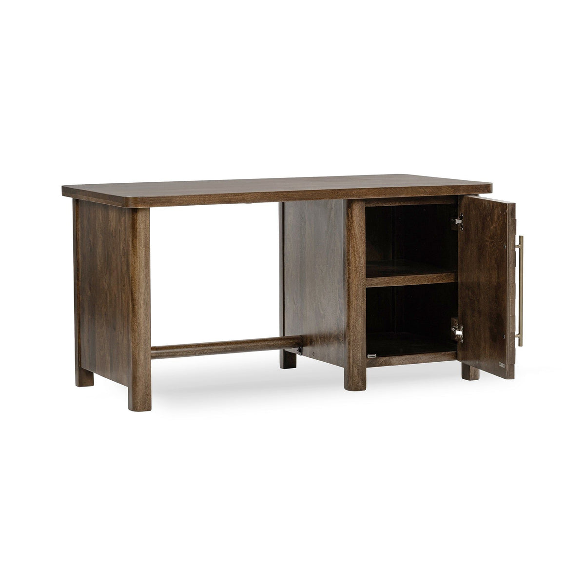 Bark brown wooden desk with gray panel, open cabinet, and metal handles