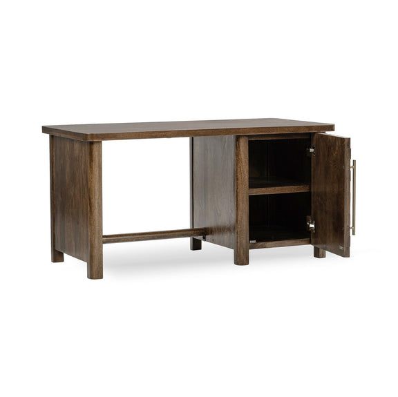 Bark brown wooden desk with gray panel, open cabinet, and metal handles