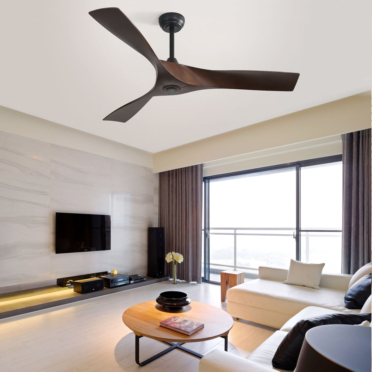 Three-blade ceiling fan with black motor and dark blades