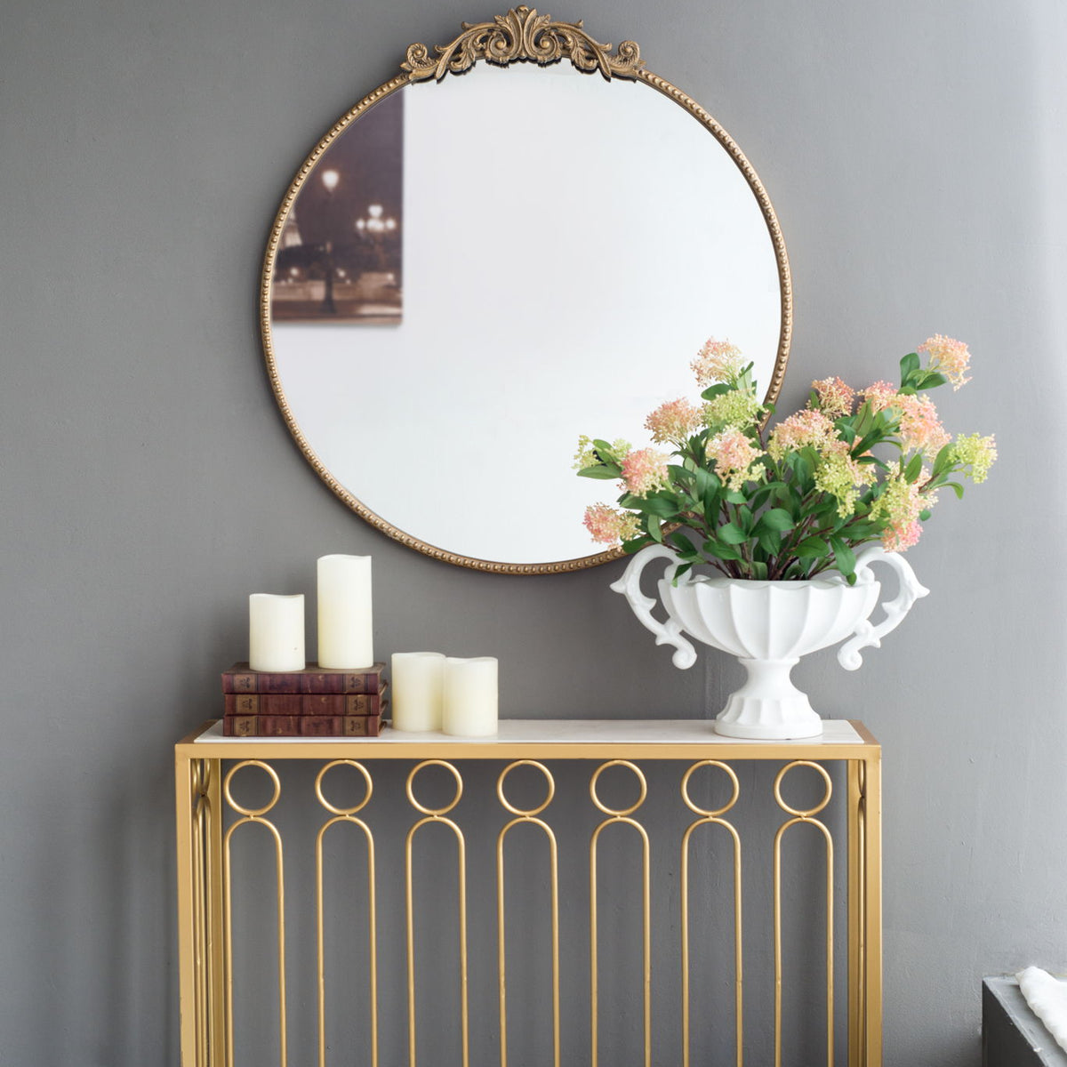 Classic Design Mirror With Baroque Inspired Frame For Bathroom, Entryway Console Lean Against Wall