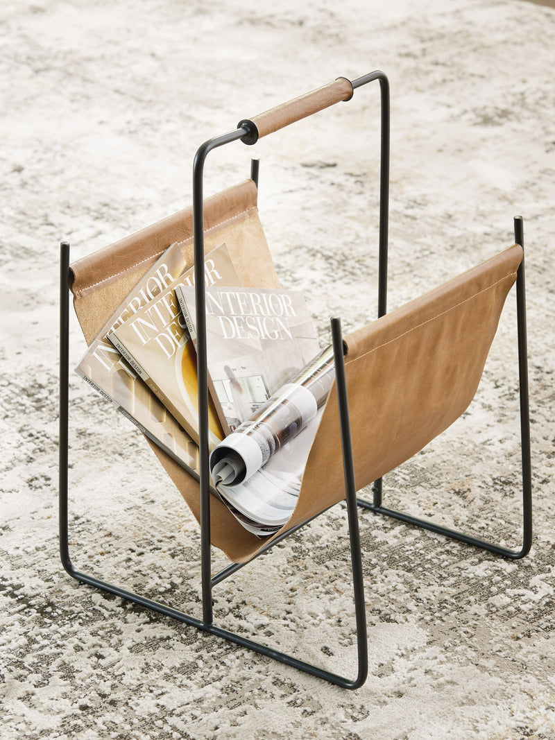 Brown magazine rack holding magazines with black metal frame