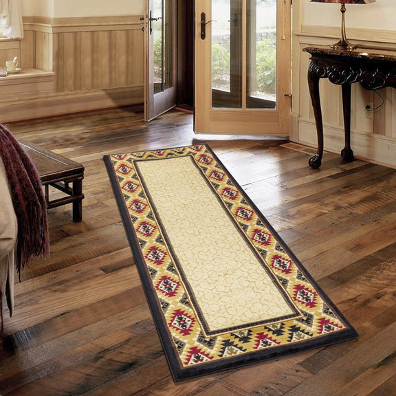 Cream-beige southwest runner rug with geometric border in black, tan, and maroon